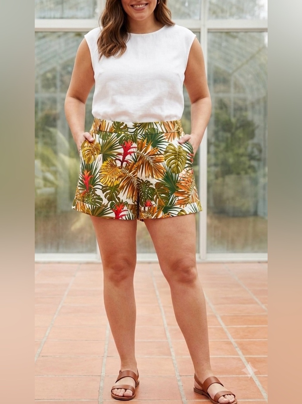 OVI, High waist, tailored shorts, NWT, L, with tropical print, waist: 16”.
